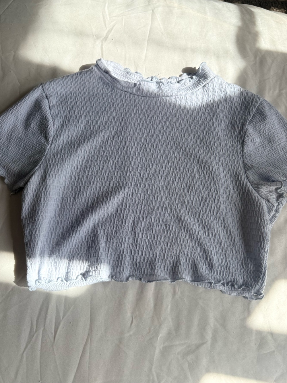Baby Blue Ruffle-Trim Mock Neck Short Sleeve Crop Top- Size XS